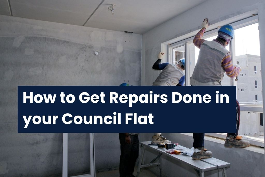 Blog cover graphic for Ashton Ross Law featuring construction workers replacing a window, with text reading How to Get Repairs Done in your Council Flat And Your Rights in 2026.